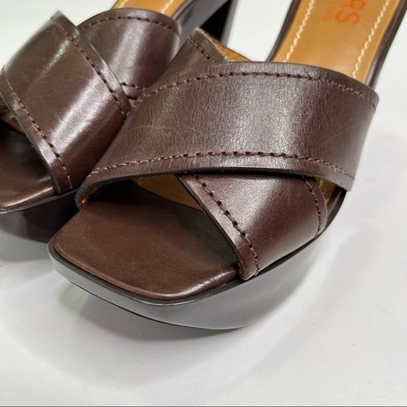 KORS Michael Kors Brown Leather 70s Retro Geometric Cut-out Platform Sandals - Picture 8 of 16